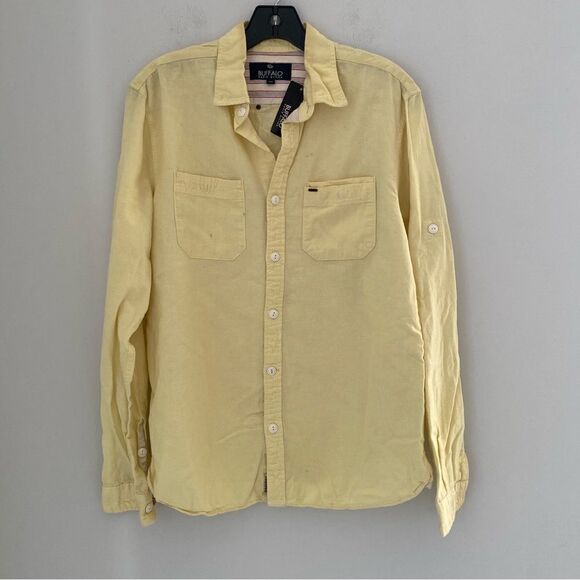 Buffalo David Bitton Men’s Button Front Yellow Long Sleeve Linen Blend Shirt S - Picture 1 of 6